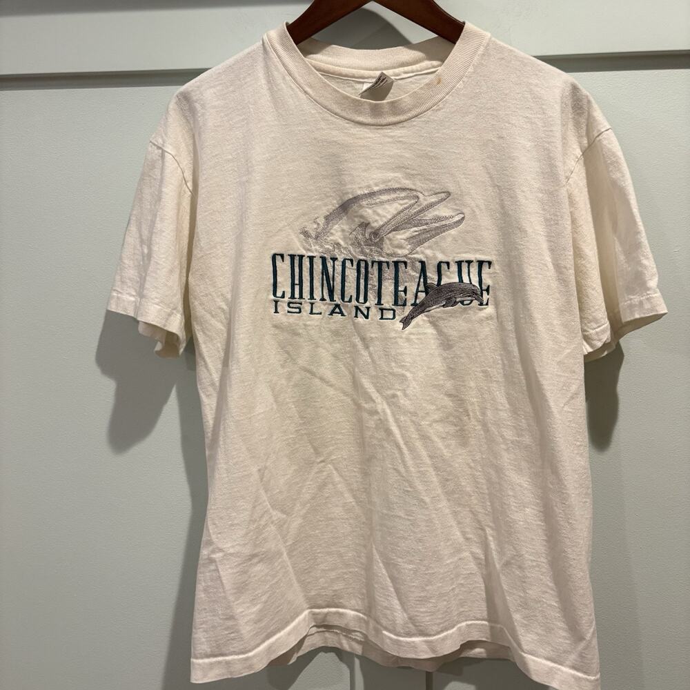 Vtg Chincoteague Island T Shirt Women Large White Single Stitch Ponies Dolphins